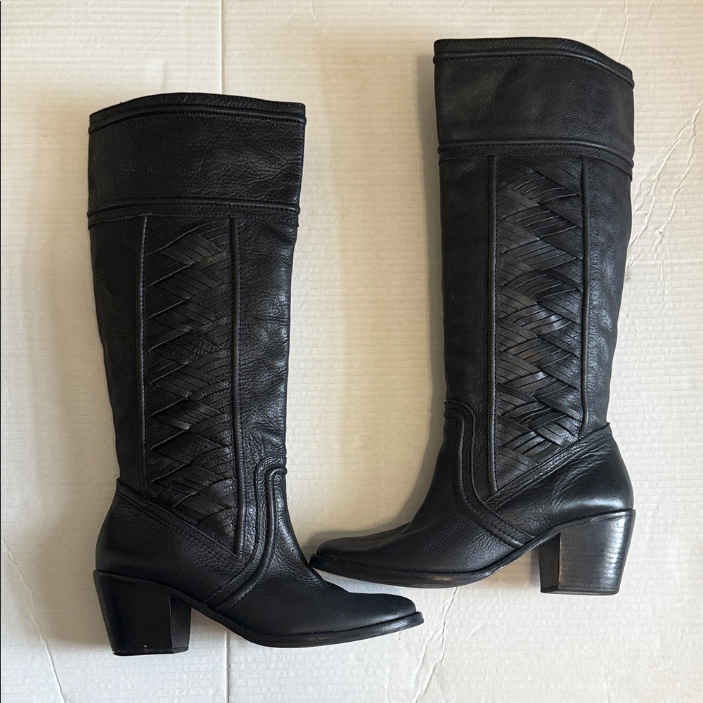 Fossil - Felicia Genuine Leather Woven Braided Tall Riding Boots - Black - 10